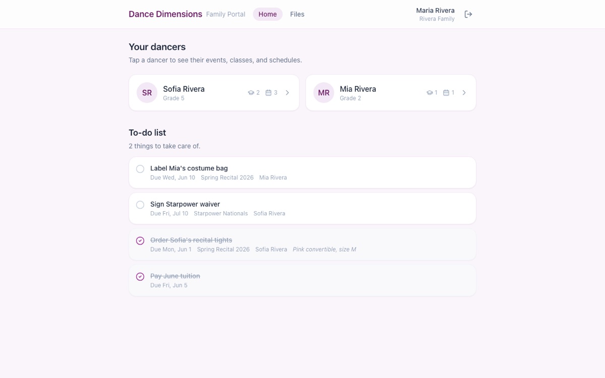 Dance-studio parent portal dashboard